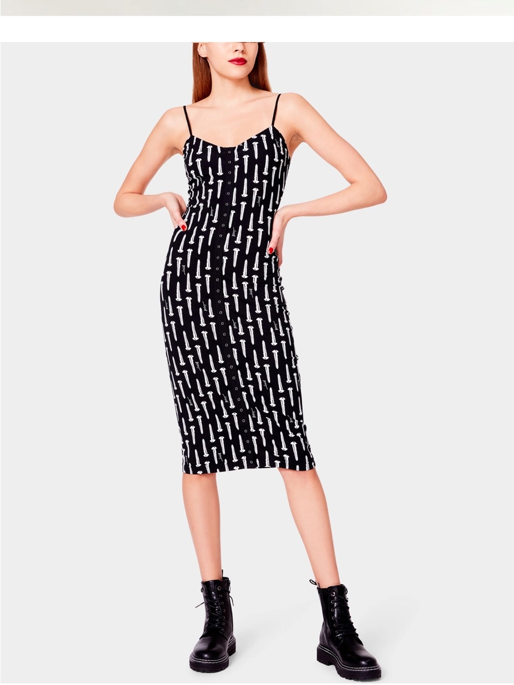 Betsey Johnson Black & White screws Printed Midi Dress bodycon punk goth
